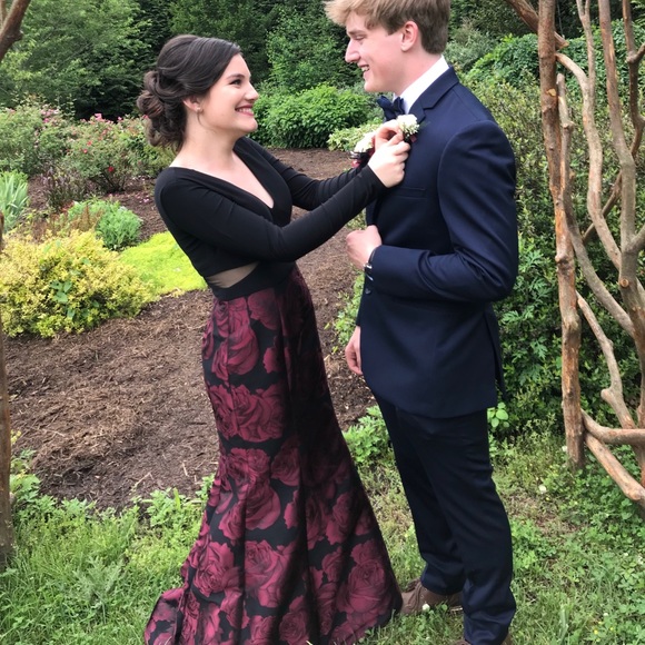 Maroon Floral Prom Dress 